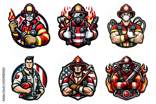 소방관 회사 로고 세트 – 6개의 컬러 일러스트, 클립아트 스타일, 스티커 스타일 로고, 비즈니스 엠블럼, 포스터, 창의적인 디자인, 소방관 상징, 구조, 영웅적인 일러스트, 응급 대응 로고, 벡터 아트워크