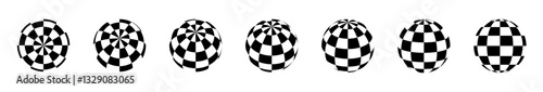 Checkered 3d globe. Abstract chess spheres. Brutalist Y2K geometric shapes elements. Black and white checkered texture on dynamic circle forms. Chess cells. Vector pattern set