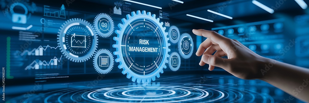 Risk Management Digital Interface with Holographic Gears and Human Interaction, risk analysis, enterprise risk management, technology in business Risk Management Digital Interface with Holographic Gears and Human Interaction, risk analysis, enterprise risk management, technology in business