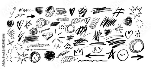Sketch line shapes. Scribbles. Hand drawn pencil brush elements, black marker strokes, underline sketches, pen hearts, stars, crosses. Strikethroughs, swirls vector collection