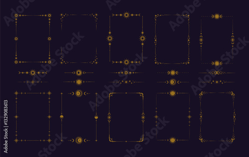 Celestial frame and divider. Decorative golden border. Sun and moon boho ornament. Mystic astrology stars dividers, elegant esoteric elements for text. Vector set