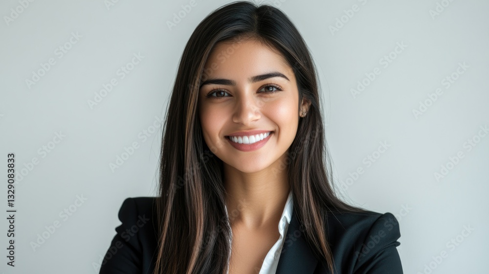 Fototapeta premium Smiling professional businesswoman wearing corporate attire, confident and poised for success.
