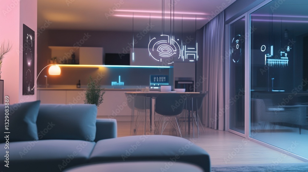 A smart home lighting system, modern apartment with smart lights adjusting based on user preferences, Home-tech style A smart home lighting system, modern apartment with smart lights adjusting based on user preferences, Home-tech style