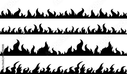 Fire border. Hand drawn flame silhouette. Seamless black bonfire frame. Hot flaming banners, fire trail, wildfire campfire. Flat burning elements. Flammable borders vector set