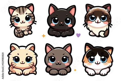 Gatos kawaii lindos con ojos grandes, patas suaves y colas esponjosas ronronean en un emblema juguetón.