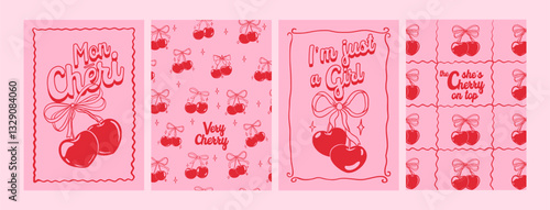 Cherry poster. Retro coquette cherries with ribbon. Trendy girly slogan, girl fashion, typography. Cards with red romantic fruit. Cherries with bow, text. Woman vector print