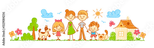 Kids drawing family. Hand drawn cartoon kid crayon illustration with parents, mother, father, son, daughter, pets and house, flowers. Family portrait. Chalk vector set