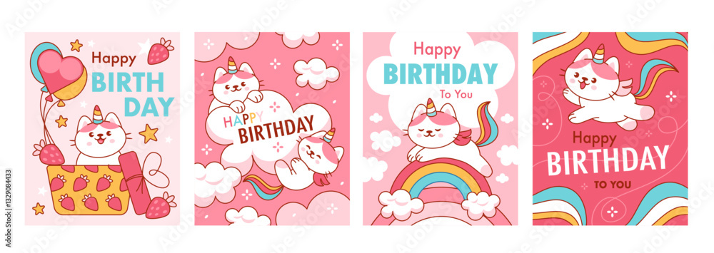 Cute cat posters. Cartoon unicorn kittens on card. Kawaii holiday invitation, Happy Birthday postcard with cute animal character. Magic caticorns and rainbow. Vector concept with kitten Cute cat posters. Cartoon unicorn kittens on card. Kawaii holiday invitation, Happy Birthday postcard with cute animal character. Magic caticorns and rainbow. Vector concept with kitten
