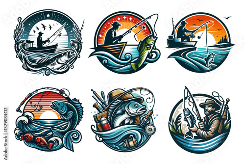 Fishing logo and emblem design for fishermen, combining a fish icon with hooks and water elements, showcasing the passion for the sport, fishing adventure, and aquatic life. Creative business logo 
