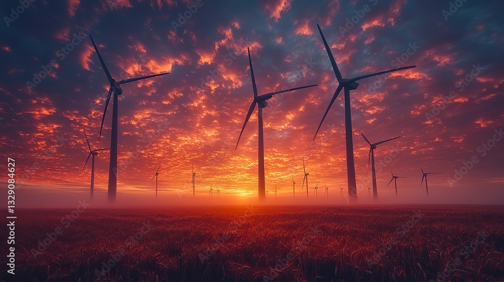 Obraz premium A vast wheat field, illuminated by a golden sunset, shows wind turbines generating clean energy, creating a picturesque, sustainable, and eco friendly landscape.