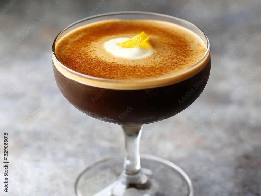 Close-up of a Carajillo in a cocktail glass with ice, featuring a smooth espresso pour, vanilla liqueur, and a hint of citrus zest, ready to be served Close-up of a Carajillo in a cocktail glass with ice, featuring a smooth espresso pour, vanilla liqueur, and a hint of citrus zest, ready to be served
