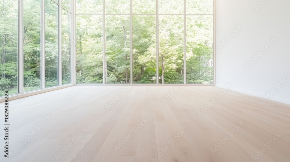 an empty room with large windows overlooking a vibrant forest. The room is filled with natural light, creating a bright and airy atmosphere an empty room with large windows overlooking a vibrant forest. The room is filled with natural light, creating a bright and airy atmosphere