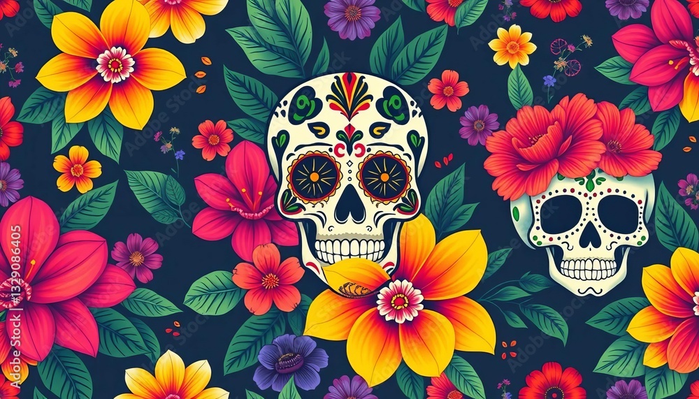 Vibrant Catrina & sugar skull seamless pattern Day of the Dead themed, tropical flowers, ornate skulls, vector design, repeat pattern, art Vibrant Catrina & sugar skull seamless pattern Day of the Dead themed, tropical flowers, ornate skulls, vector design, repeat pattern, art