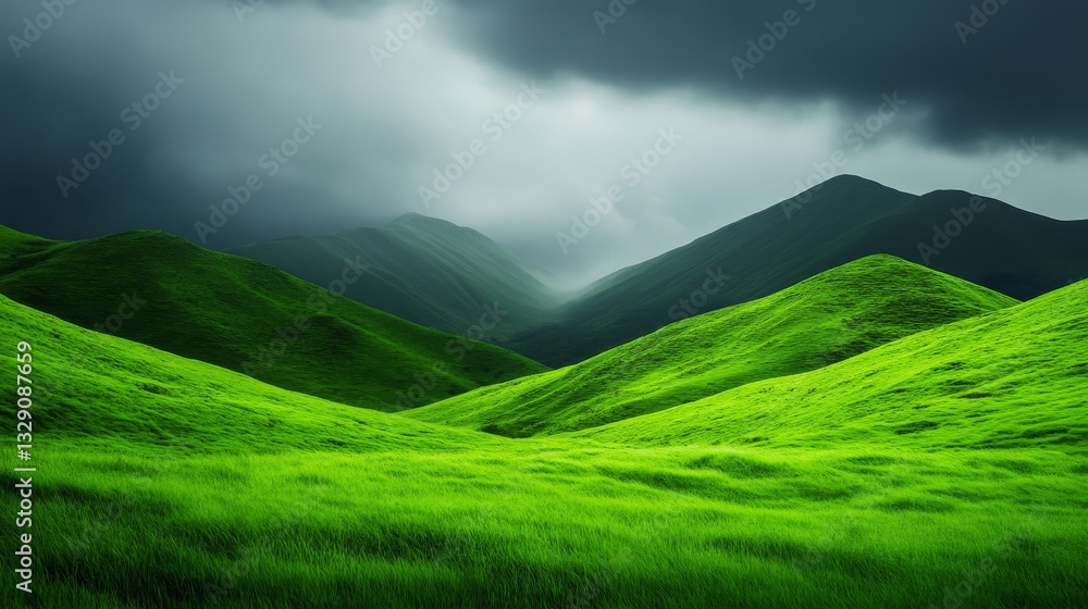 Fototapeta premium Lush green hills under dramatic stormy skies with distant mountain and moody atmosphere