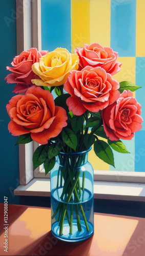 Colorful pink and yellow bouquet in a vase on a table with copying space near a striped window 
