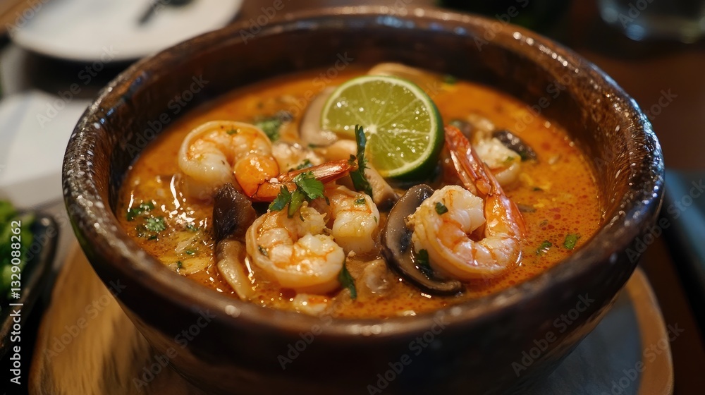 Delicious shrimp soup with fresh lime and herbs in a rustic bowl, showcasing vibrant colors and textures Delicious shrimp soup with fresh lime and herbs in a rustic bowl, showcasing vibrant colors and textures