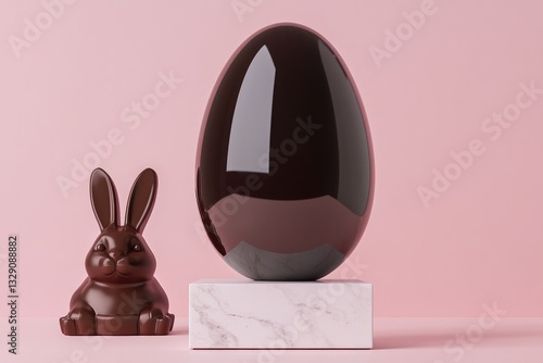 Elegant display features glossy chocolate egg beside charming bu