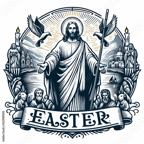 Emblema de Pascua: un logo con Jesús Cristo, una cruz y símbolos de Pascua, ideal para carteles, tarjetas y decoraciones festivas