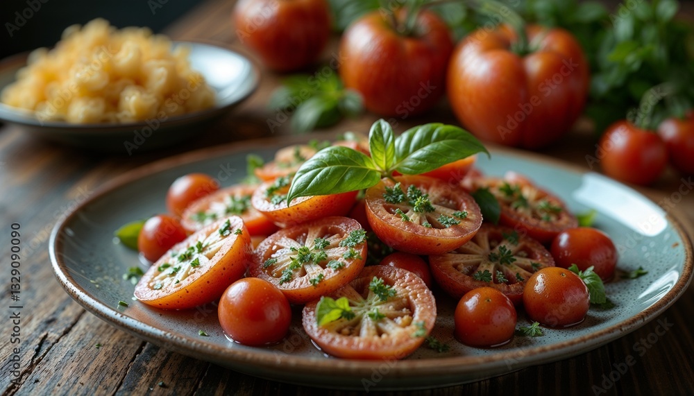 Fresh tomato salad with basil on a rustic plate, surrounded by pasta and ripe tomatoes Fresh tomato salad with basil on a rustic plate, surrounded by pasta and ripe tomatoes
