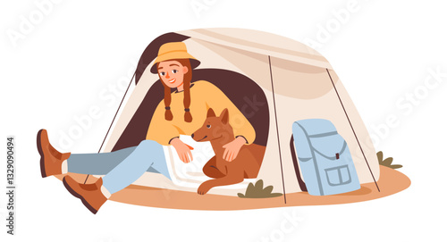 Female camper with a tent and her loyal dog. Adventure, travel, and pet-friendly exploration. Flat vector illustration of a woman hiking with her pet.