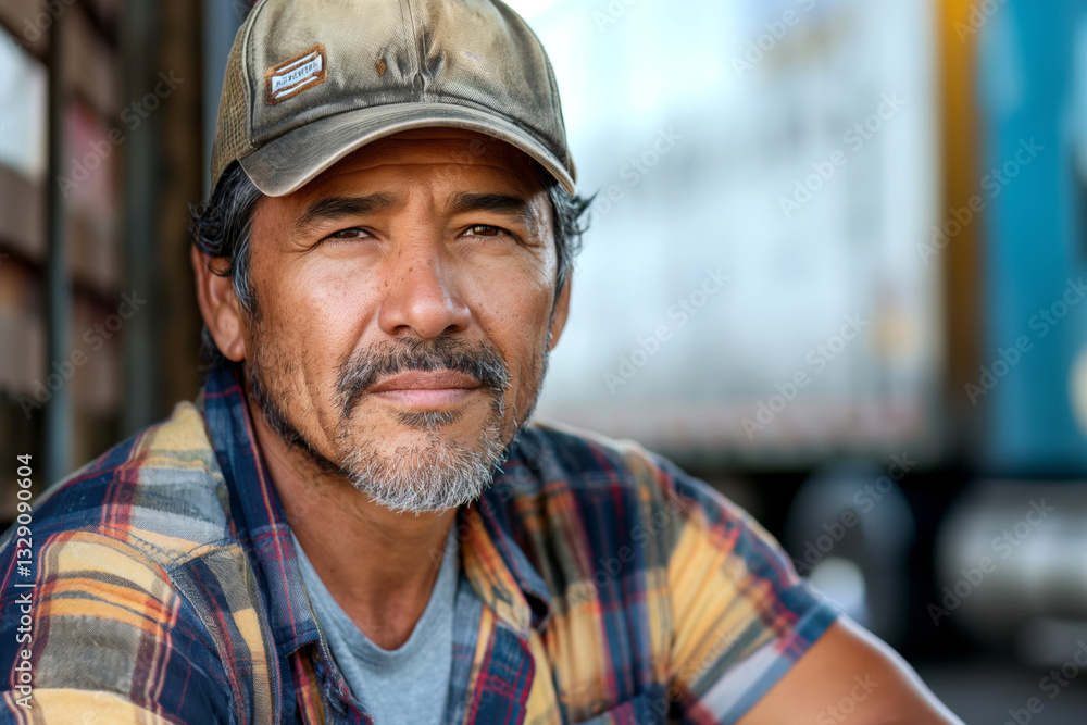 Fototapeta premium A middle-aged Hispanic male with a rugged look, wearing a cap and plaid shirt, exudes confidence and resilience.