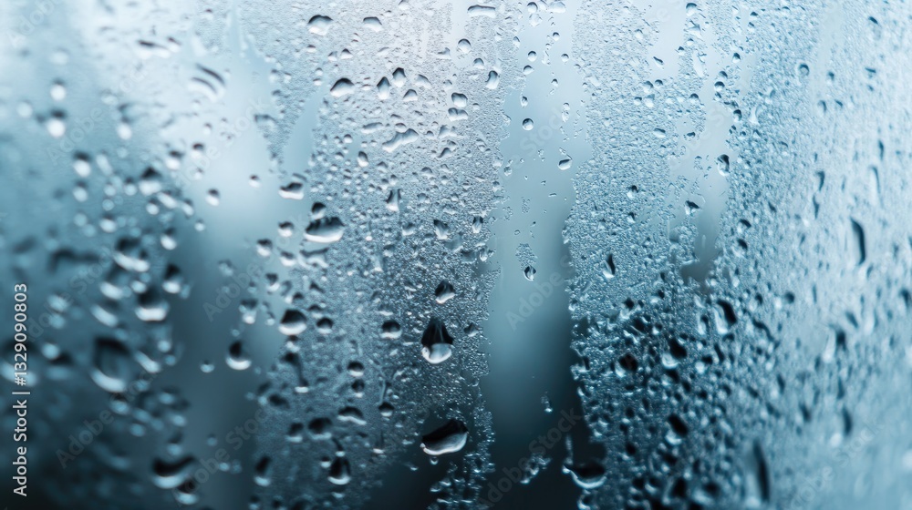 Close-Up of Raindrops on a Foggy Glass Surface Creating a Dreamy Blue-Tinted Abstract Background Close-Up of Raindrops on a Foggy Glass Surface Creating a Dreamy Blue-Tinted Abstract Background