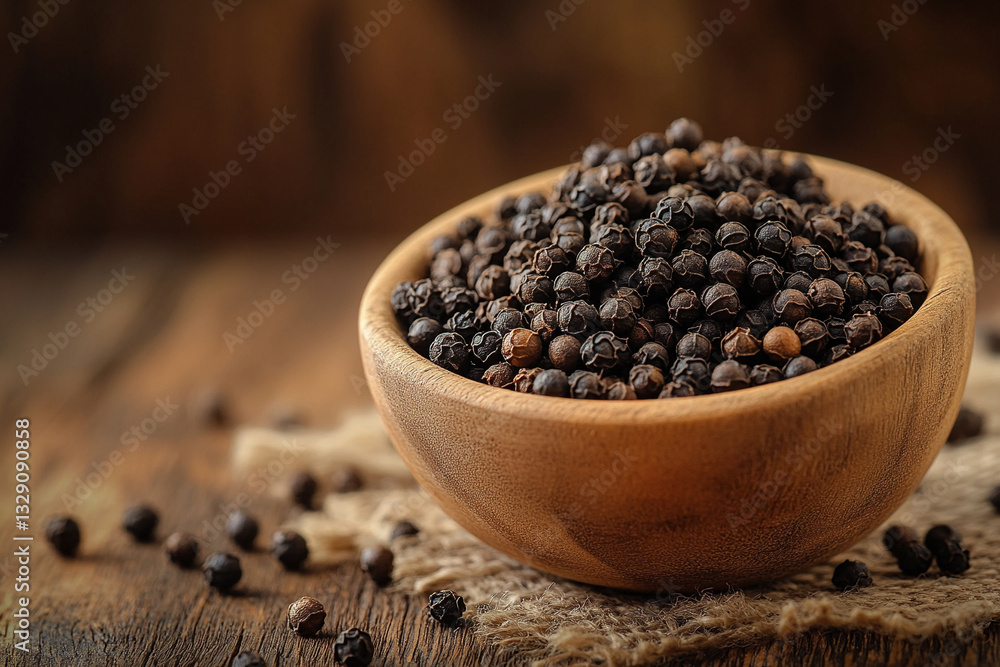 Black pepper in a wooden bowl on a rustic table Black pepper in a wooden bowl on a rustic table