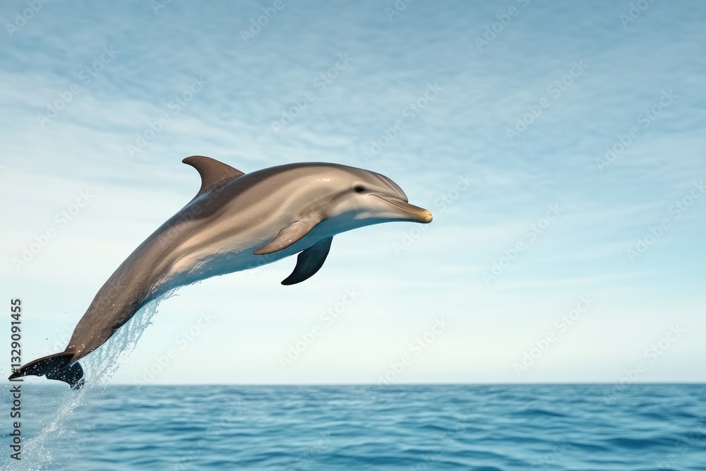Fototapeta premium Dolphin leaps gracefully above shimmering ocean surface under br