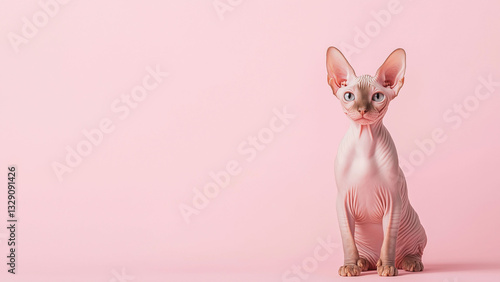 Hairless Sphynx cat sits on a pink background, looking directly forward. photo