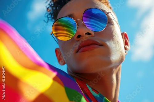 Obraz na płótnie Candid portrait of young man at pride event wearing colorful sunglasses, with rainbow flag as backdrop. w salonie