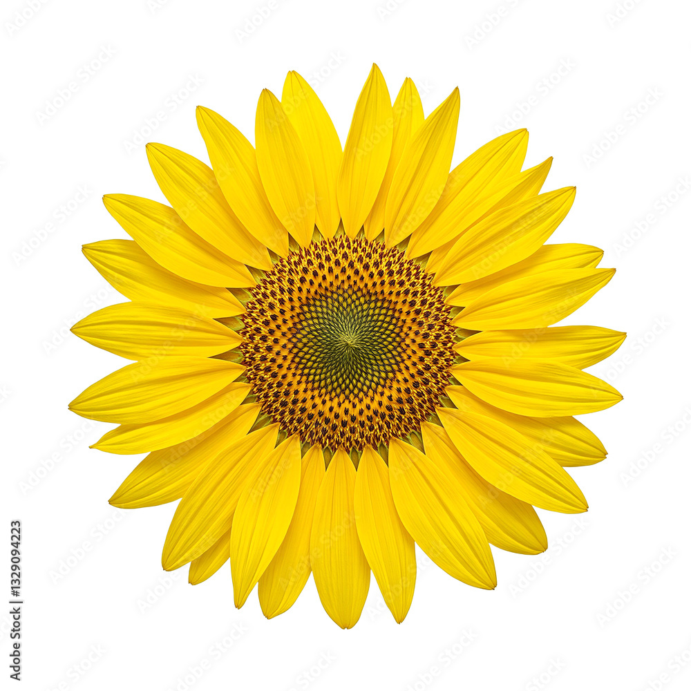 Fototapeta premium Vibrant golden sunflower bud with tightly packed unfolding petals showcasing a dark seed filled center on a clean white background