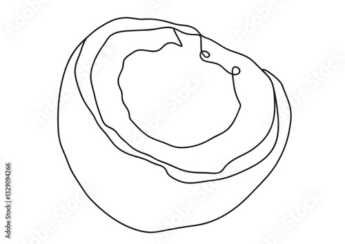black continuous line vector drawing of tasty fresh coconut half isolated on white background with copy space for text	
