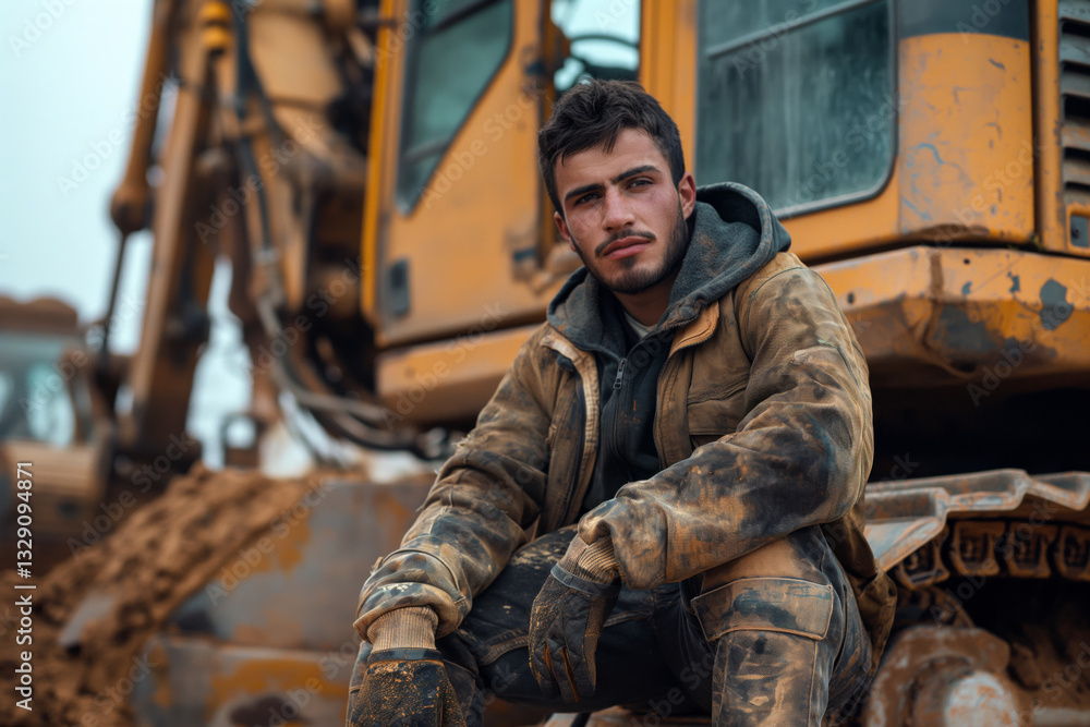 Fototapeta premium A young Caucasian male construction worker sits confidently on a heavy machinery, showcasing a rugged, determined expression.