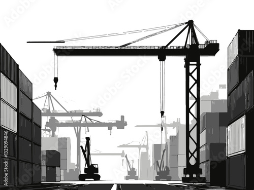 Vector illustration of a shipyard with cranes and cargo ships loading. Industrial Port Scene with Cranes and Shipping Containers