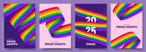 Set of Pride Month flyers concept. Vector illustrations with wavy rainbow ribbons and typography design. Set of Pride Month backgrounds for decoration of LGBT events, social media, cover, branding.