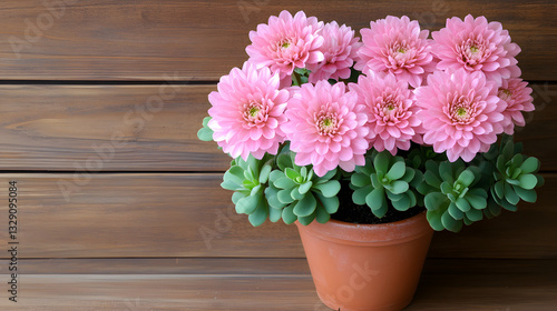Wallpaper Mural Vibrant pink flowers in a pot wooden background nature indoor close-up view floral beauty Torontodigital.ca