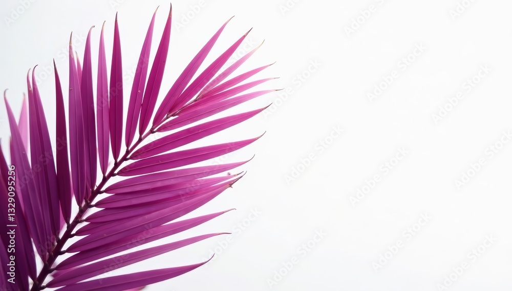 Fototapeta premium Fresh palm leaf in stunning pink and purple hues against white background, vibrant, tropical