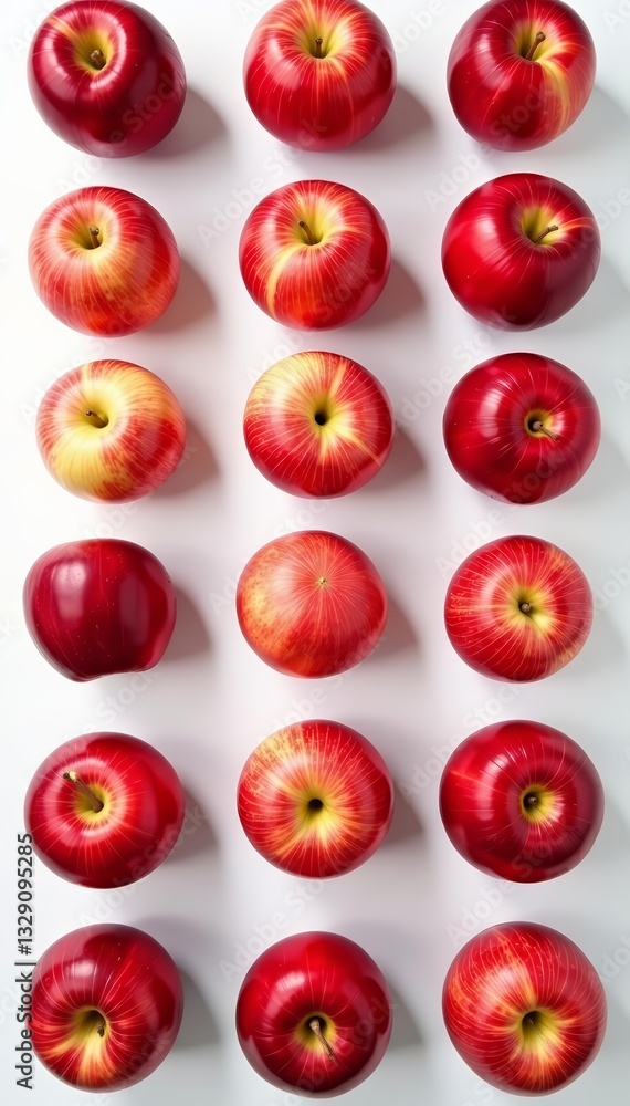 Fresh red apples arranged neatly on a white background for a minimalist look, Vitamin, Snack
