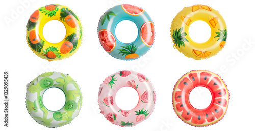 inflatable pool rings with fruit designs on a white background
