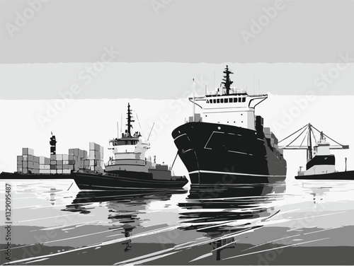Vector illustration of a shipyard with cranes and cargo ships loading. Illustration of Tugboats and Cargo Ship in Harbor at Dusk