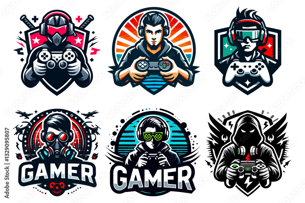 Naklejka premium 게이머와 게임 클럽을 위한 벡터 마스코트 스타일 로고, 생생하고 세련된 엠블럼 디자인, 브랜딩, 게임 및 커뮤니티에 완벽함