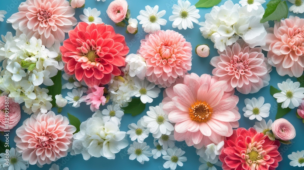 Vibrant dahlias, daisies, and hydrangeas arranged on a blue background. Perfect for spring themes, greeting cards, or floral designs. Vibrant dahlias, daisies, and hydrangeas arranged on a blue background. Perfect for spring themes, greeting cards, or floral designs.