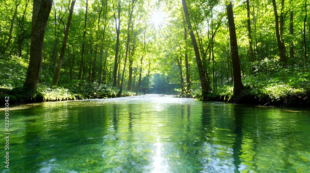 Obraz premium Calm River Flowing Through Green Forest with Sunlight Peeking Through Trees