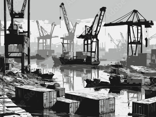 Vector illustration of a shipyard with cranes and cargo ships loading. Industrial Port with Cranes and Cargo Containers in Monochrome
