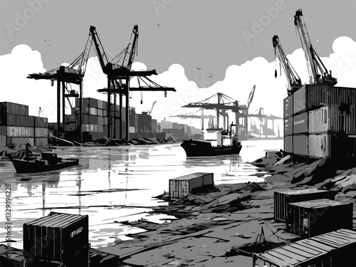 Vector illustration of a shipyard with cranes and cargo ships loading. Industrial Port Scene with Cranes, Cargo, and Water Reflection