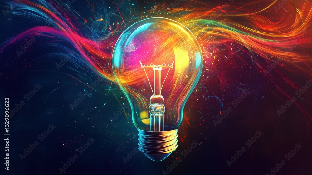 A vibrant light bulb with swirling colors representing ideas and innovation, set against a dark background to highlight its glow. A vibrant light bulb with swirling colors representing ideas and innovation, set against a dark background to highlight its glow.