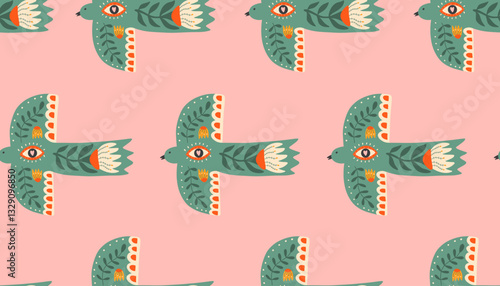 Abstract seamless pattern with bird and flowers. Hand drawn print in scandinavian stile. Print for cover, textiles, fabric.