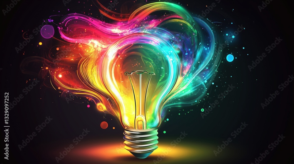 A colorful light bulb with swirling patterns of vibrant colors, representing the creative energy A colorful light bulb with swirling patterns of vibrant colors, representing the creative energy