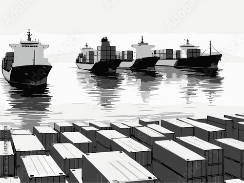 Vector illustration of a shipyard with cranes and cargo ships loading. Cargo Ships at Dock with Containers and Reflected Water Scene