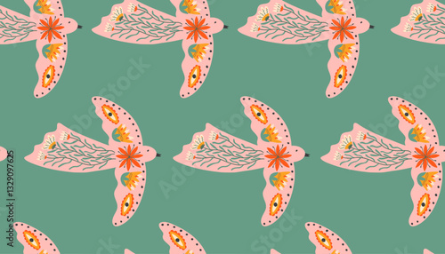 Seamless pattern with dove and flowers. Abstract vector print for fabric, cover, paper